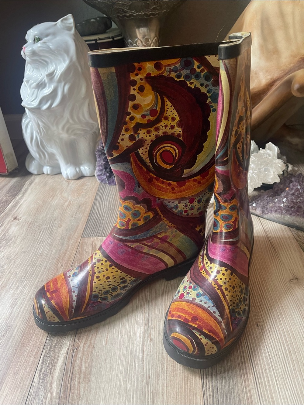 West Blvd Multicolor Swirl Pattern Rain Boots - Pink, Yellow, Burgundy - Picture 3 of 5